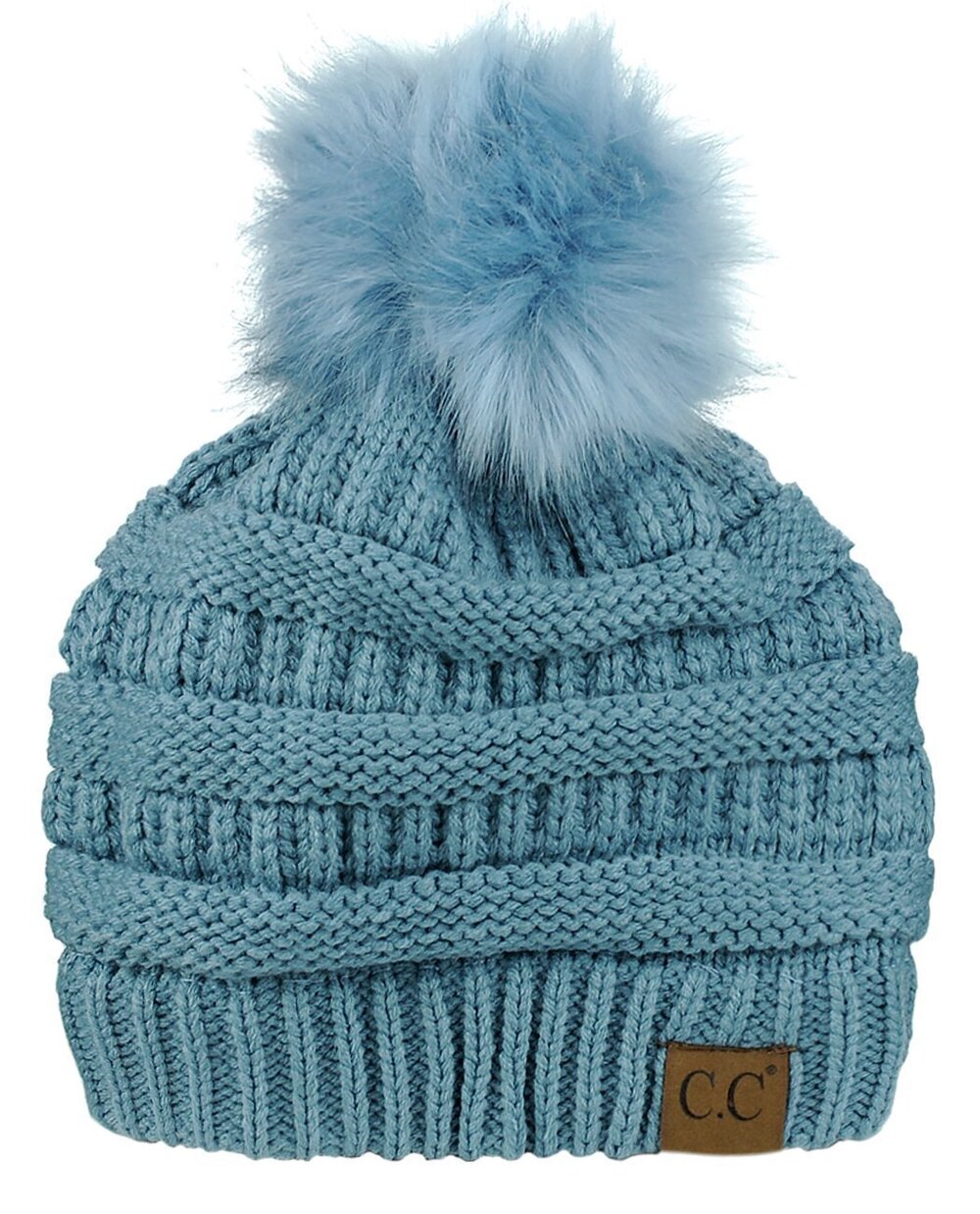 5525 Exclusive Soft Stretch Cable Knit Faux Fur Pom Pom Beanie Hat - Denim